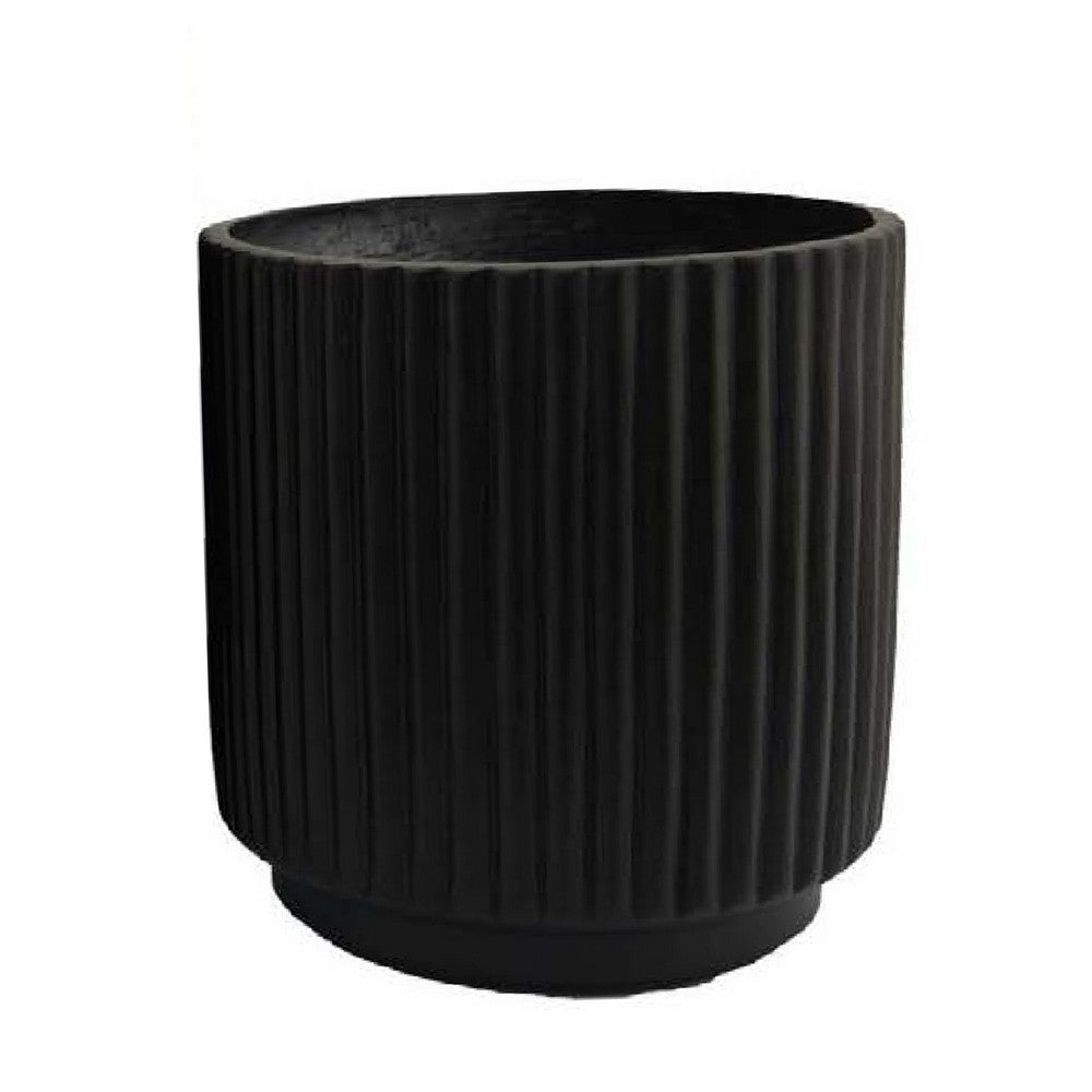 Benjara Elly Round Planter Set of 3, Ribbed Texture Black Resin, 16,12,9 Inch