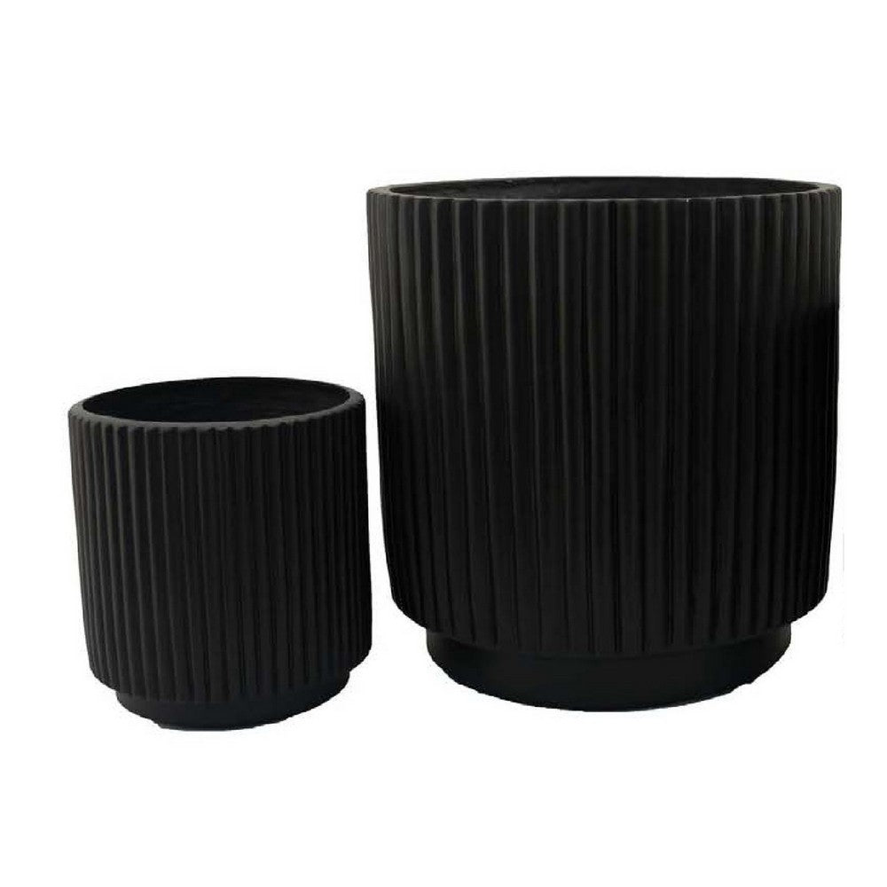 Benjara Elly Round Planter Set of 3, Ribbed Texture Black Resin, 16,12,9 Inch