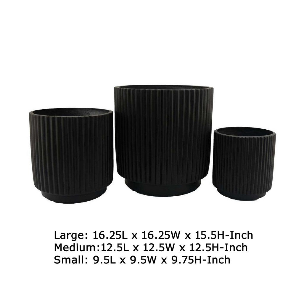 Benjara Elly Round Planter Set of 3, Ribbed Texture Black Resin, 16,12,9 Inch