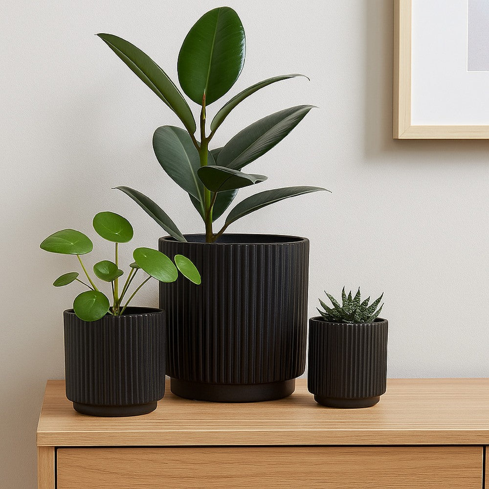 Benjara Elly Round Planter Set of 3, Ribbed Texture Black Resin, 16,12,9 Inch