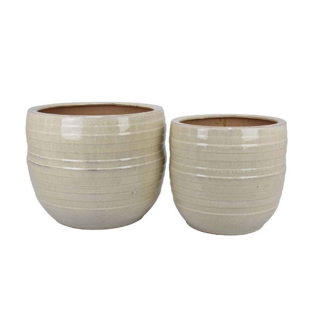 Benjara Paulo Barrel Planter Set of 2, Raised Ribbed Beige Ceramic 19, 15 Inch