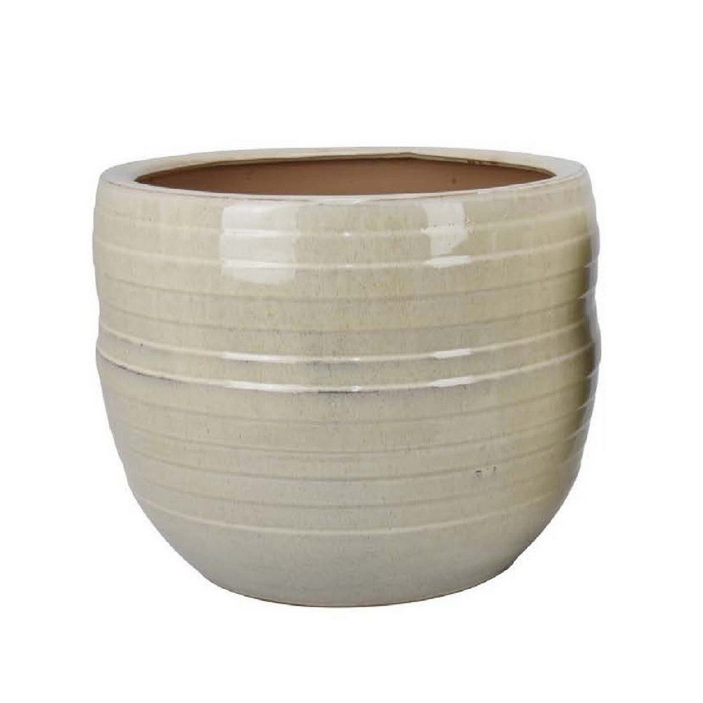 Benjara Paulo Barrel Planter Set of 2, Raised Ribbed Beige Ceramic 19, 15 Inch