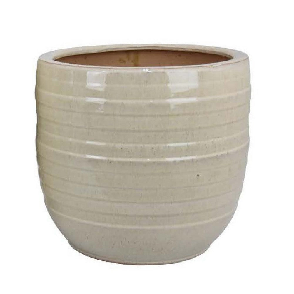 Benjara Paulo Barrel Planter Set of 2, Raised Ribbed Beige Ceramic 19, 15 Inch
