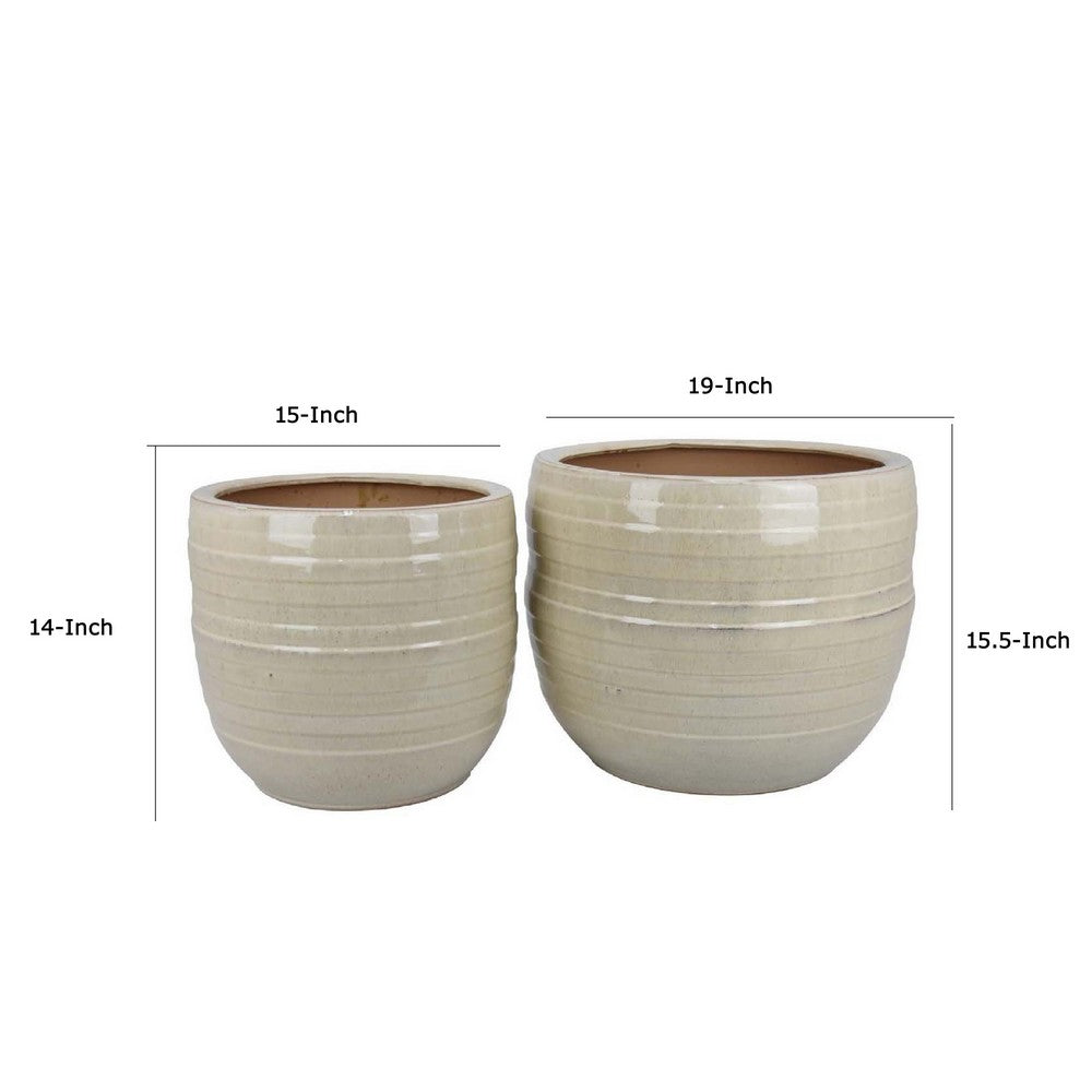 Benjara Paulo Barrel Planter Set of 2, Raised Ribbed Beige Ceramic 19, 15 Inch