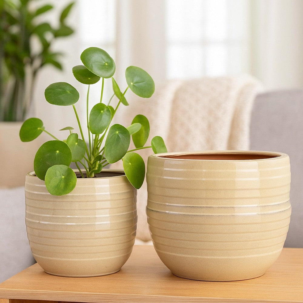 Benjara Paulo Barrel Planter Set of 2, Raised Ribbed Beige Ceramic 19, 15 Inch