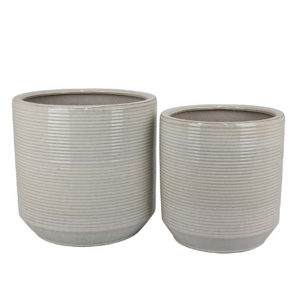 Benjara Gloria Round Planter Set of 2, Textured White Ceramic 15 14 Inch
