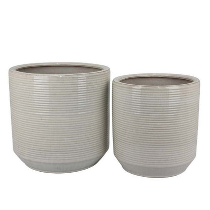 Benjara Gloria Round Planter Set of 2, Textured White Ceramic 15 14 Inch