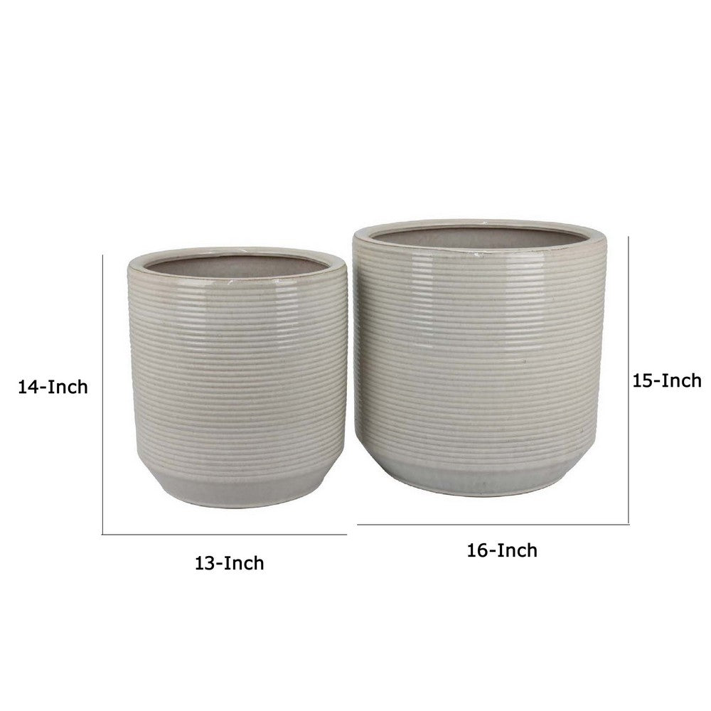 Benjara Gloria Round Planter Set of 2, Textured White Ceramic 15 14 Inch
