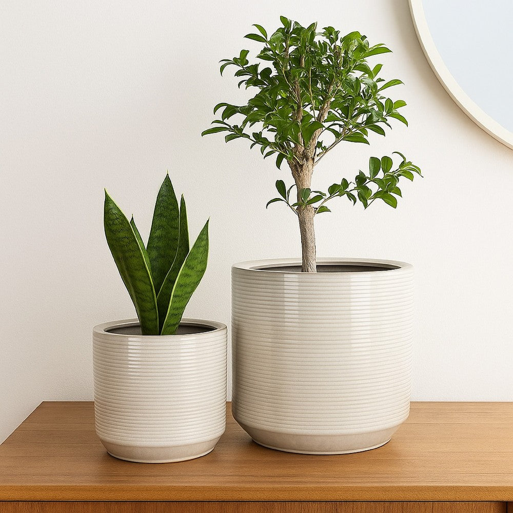 Benjara Gloria Round Planter Set of 2, Textured White Ceramic 15 14 Inch