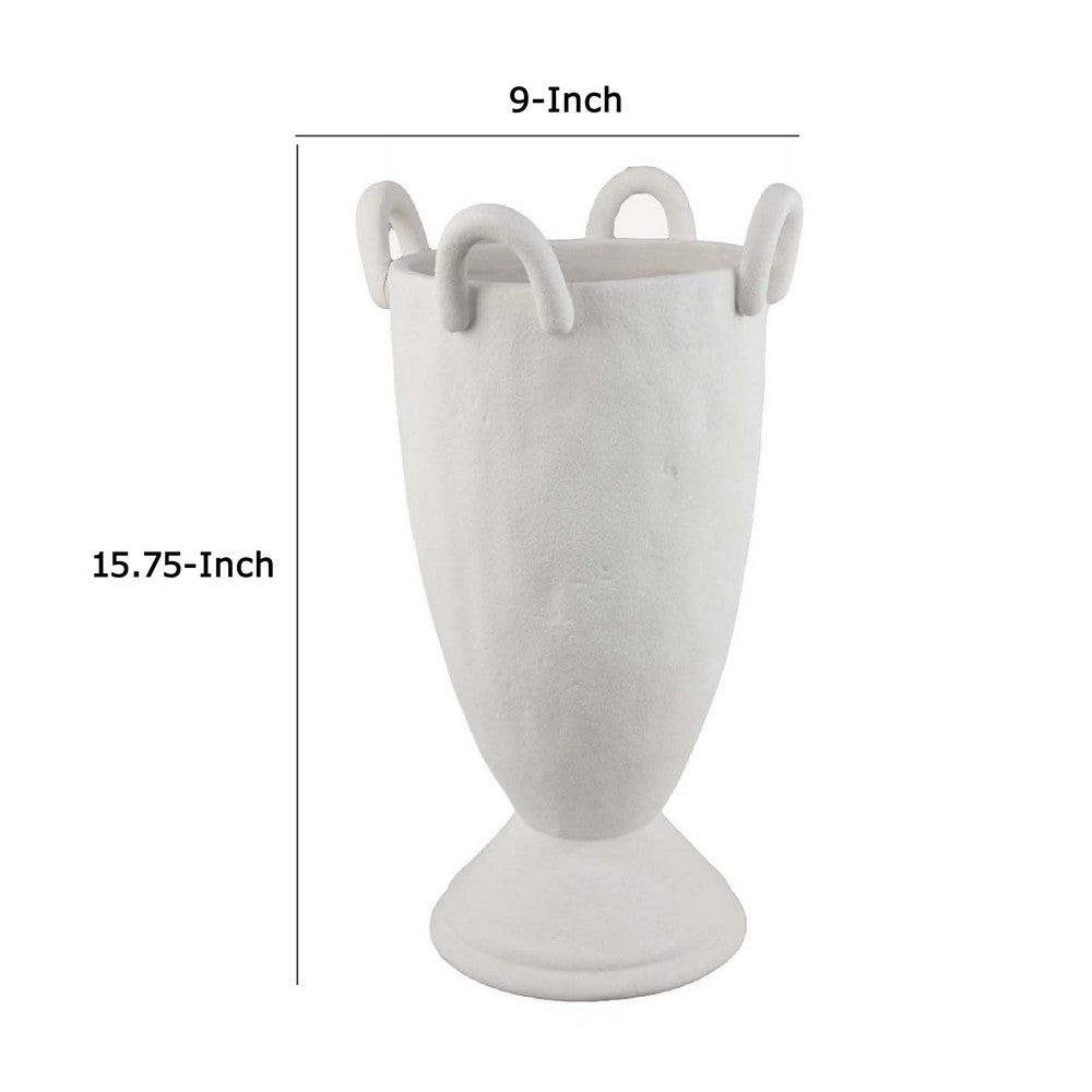 Benjara Fiji Accent Planter w Loop Handles, Pedestal White Ceramic 16 Inch