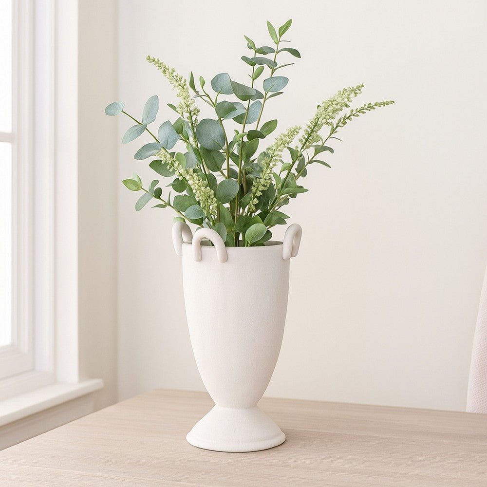 Benjara Fiji Accent Planter w Loop Handles, Pedestal White Ceramic 16 Inch