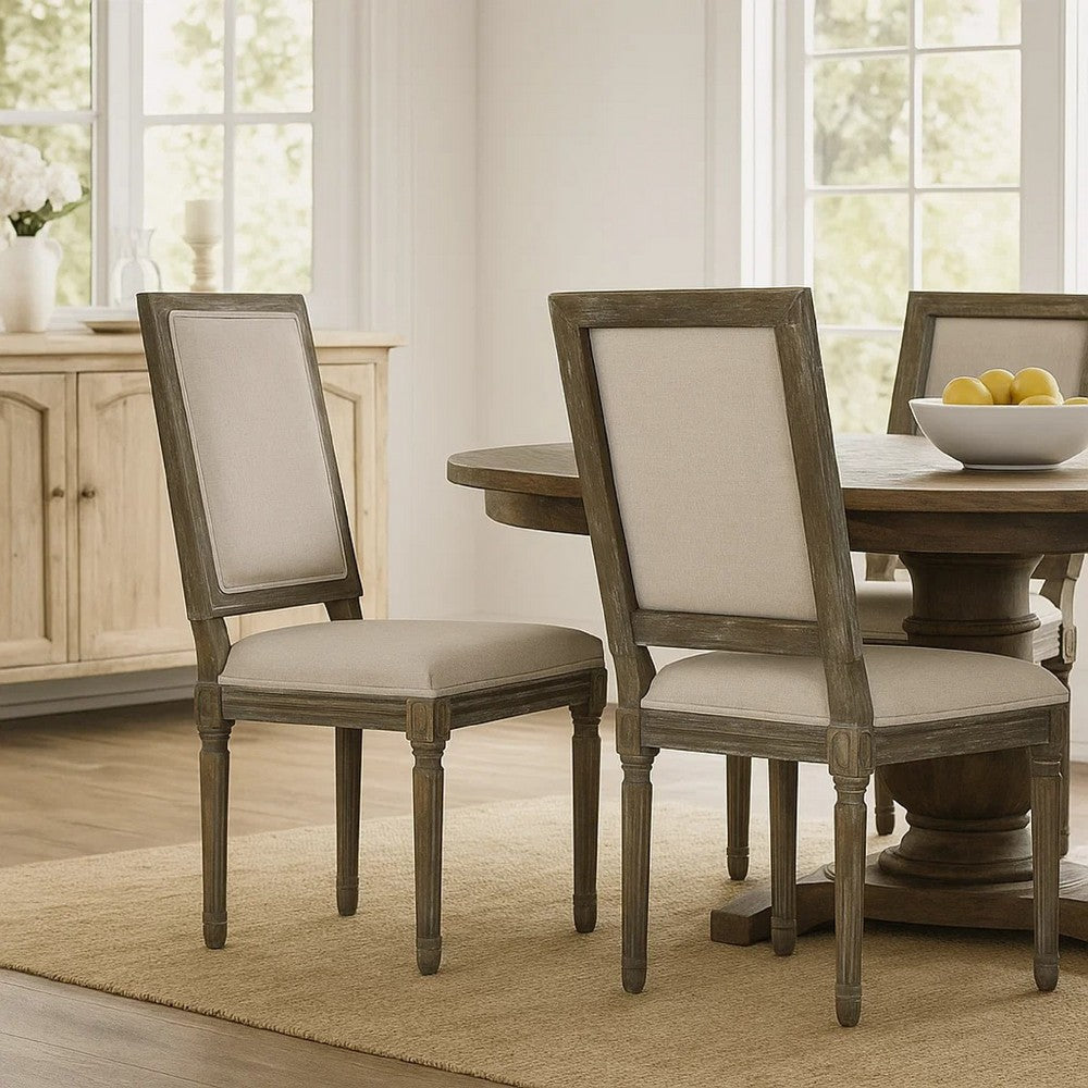 Benjara Side Dining Chair Set of 2, Wheat Beige Polyester, Distressed Brown