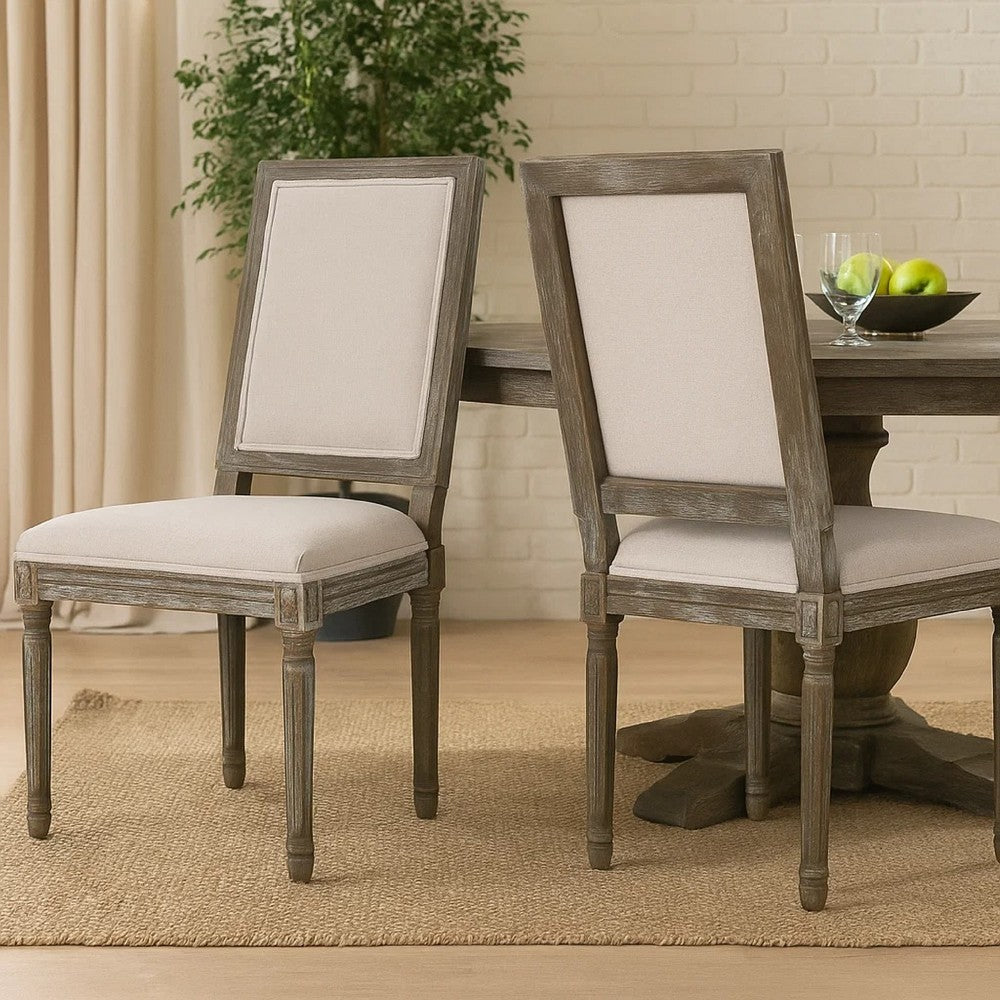 Benjara Side Dining Chair Set of 2, Wheat Beige Polyester, Distressed Brown