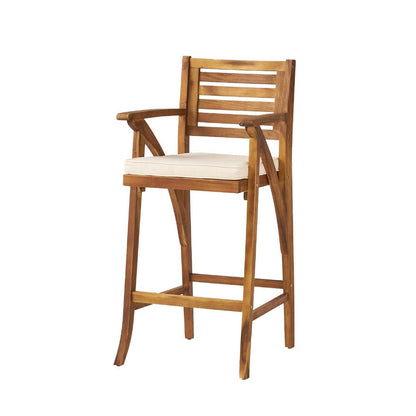 Benjara Olen Outdoor Barstool Chair Set of 2, Beige Polyester Brown Solid Wood