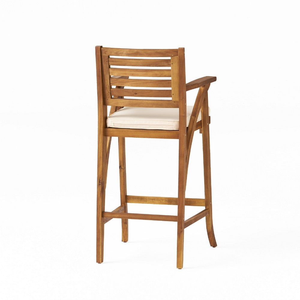 Benjara Olen Outdoor Barstool Chair Set of 2, Beige Polyester Brown Solid Wood