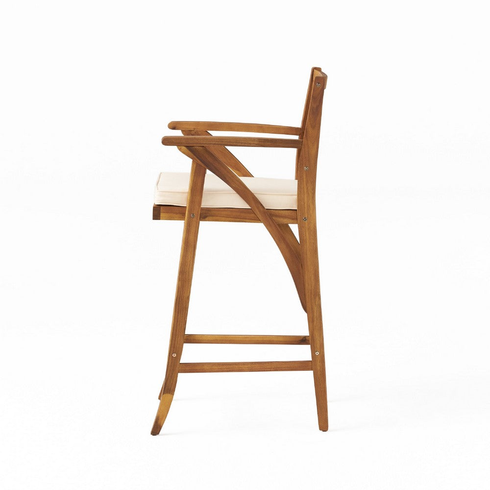 Benjara Olen Outdoor Barstool Chair Set of 2, Beige Polyester Brown Solid Wood