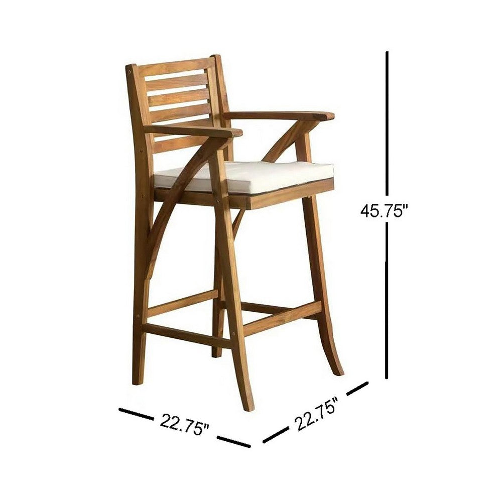 Benjara Olen Outdoor Barstool Chair Set of 2, Beige Polyester Brown Solid Wood