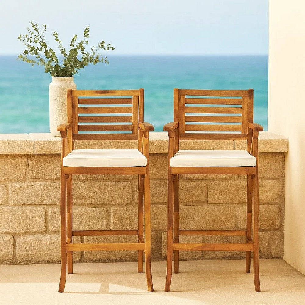 Benjara Olen Outdoor Barstool Chair Set of 2, Beige Polyester Brown Solid Wood