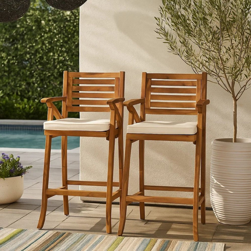 Benjara Olen Outdoor Barstool Chair Set of 2, Beige Polyester Brown Solid Wood