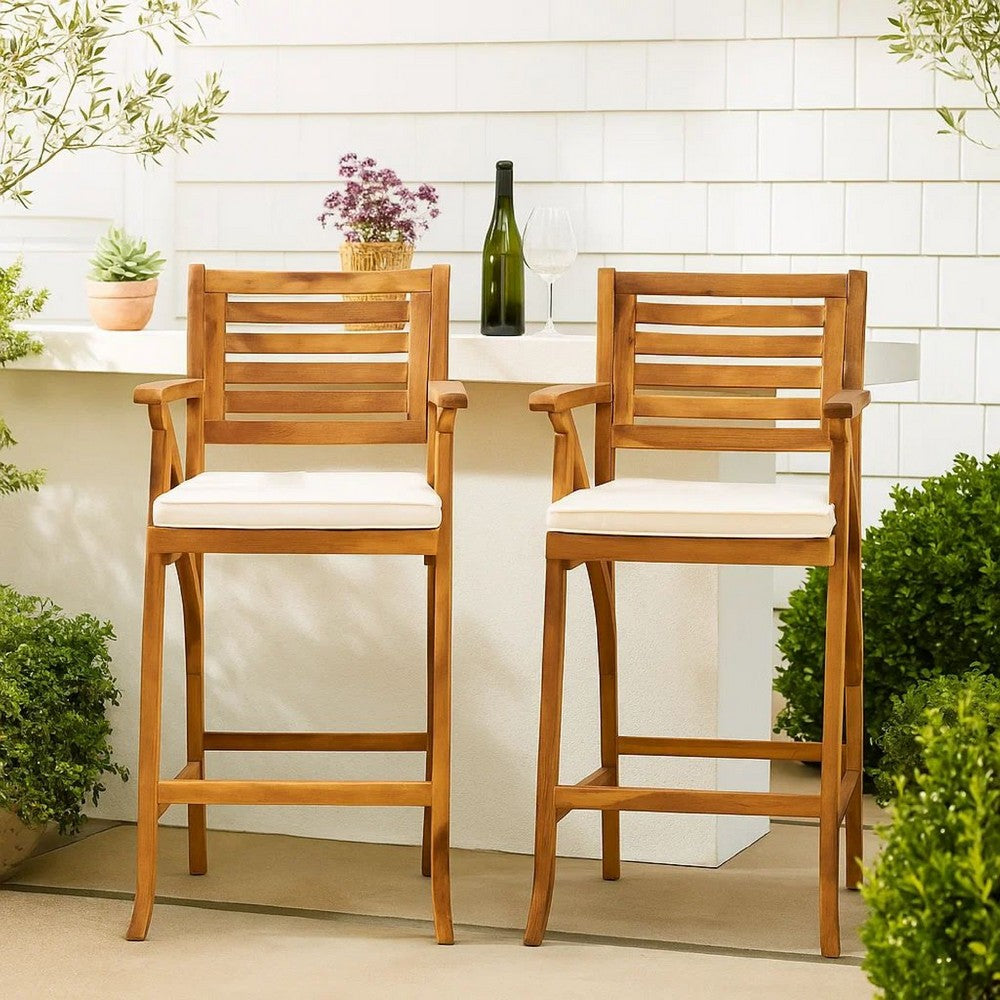 Benjara Olen Outdoor Barstool Chair Set of 2, Beige Polyester Brown Solid Wood