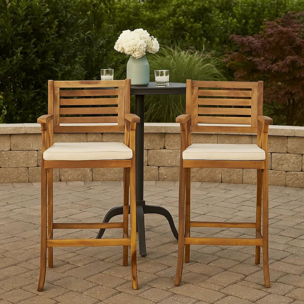 Benjara Olen Outdoor Barstool Chair Set of 2, Beige Polyester Brown Solid Wood