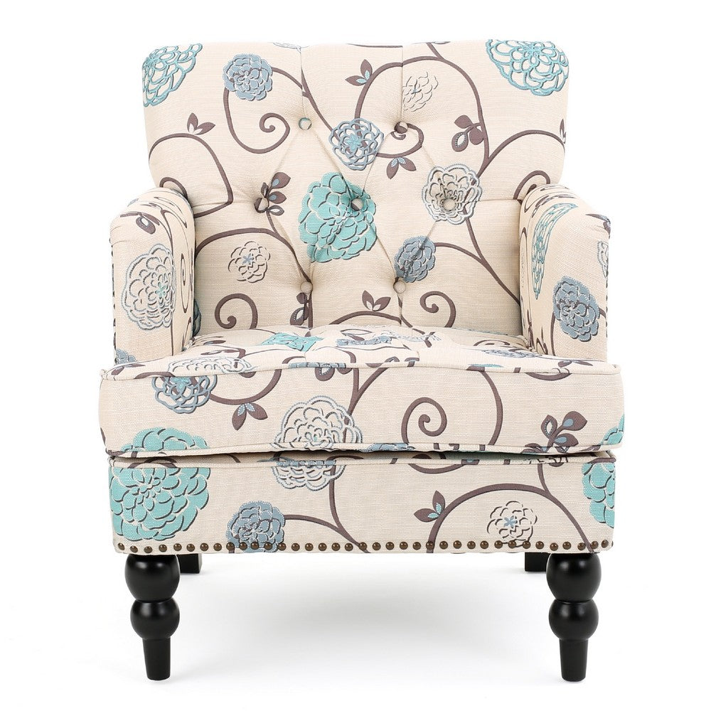 Benjara Lit Club Chair, Beige Tufted Floral Upholstery, Nailhead Brown Wood