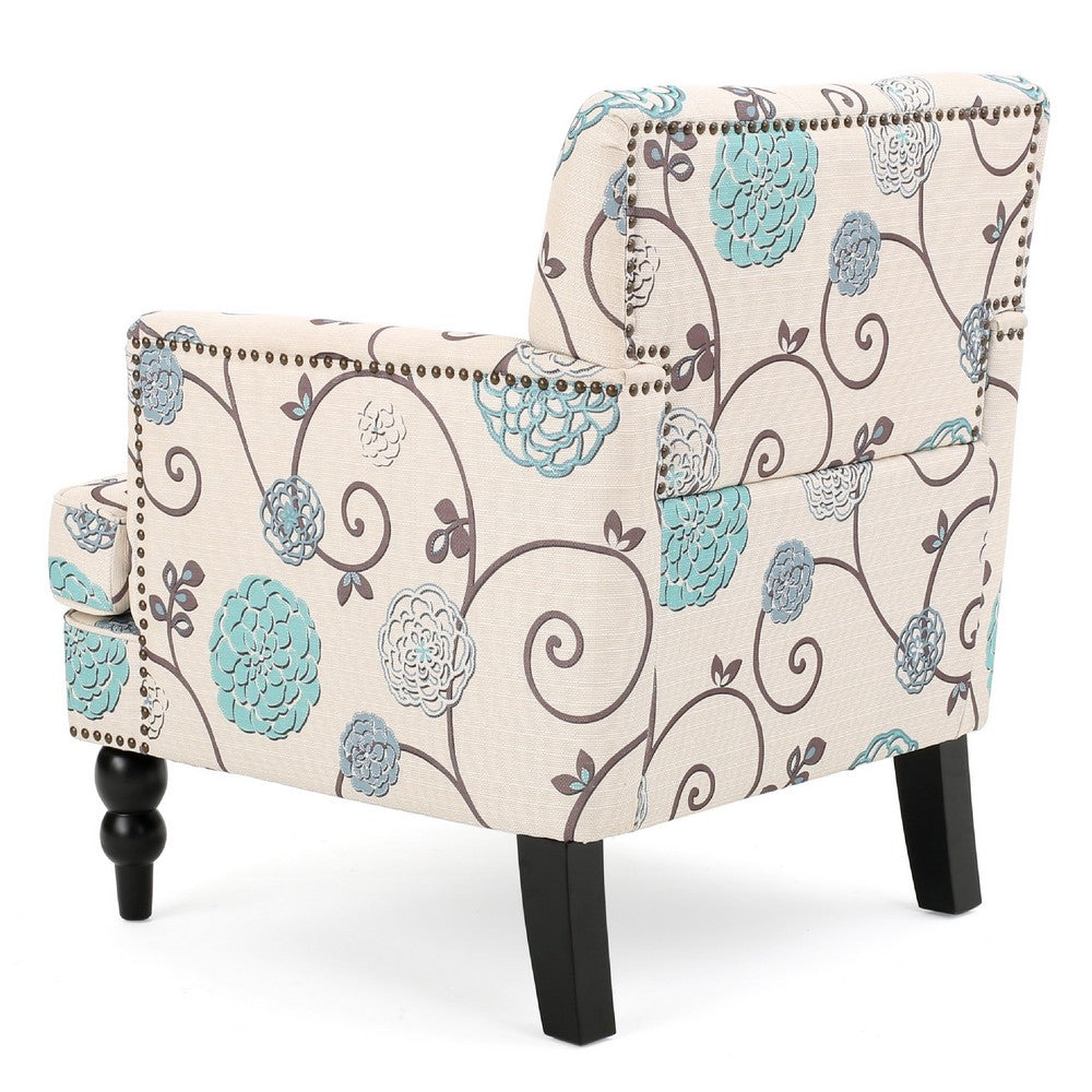 Benjara Lit Club Chair, Beige Tufted Floral Upholstery, Nailhead Brown Wood
