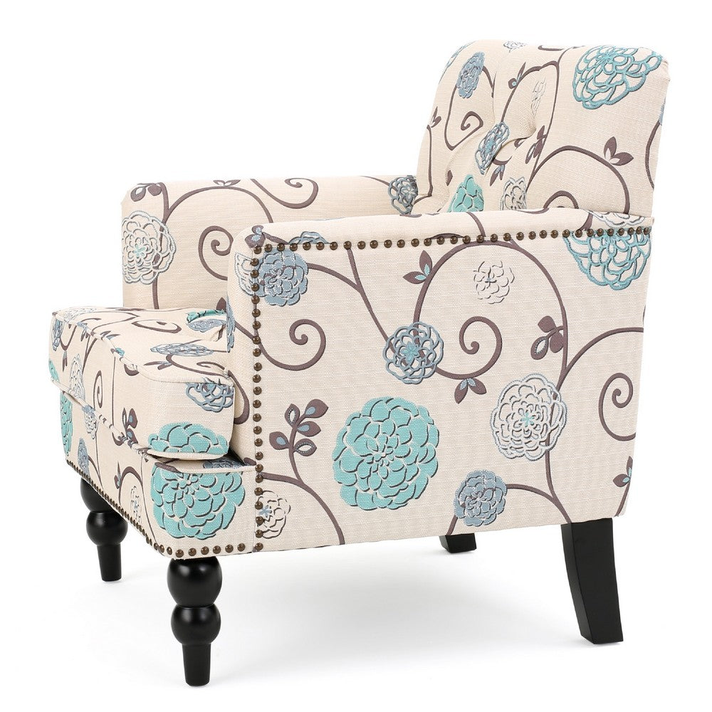 Benjara Lit Club Chair, Beige Tufted Floral Upholstery, Nailhead Brown Wood