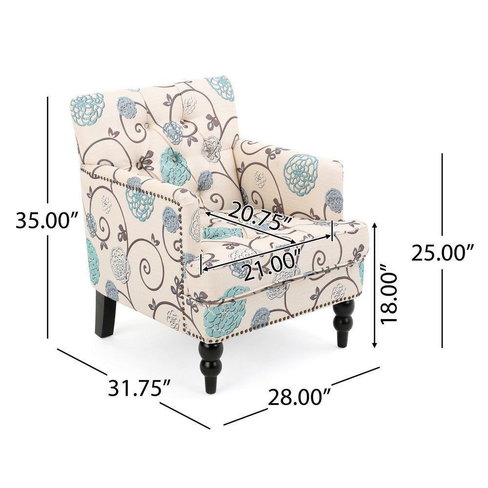 Benjara Lit Club Chair, Beige Tufted Floral Upholstery, Nailhead Brown Wood