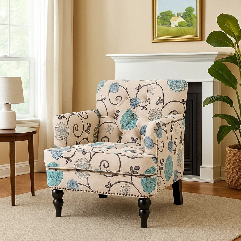 Benjara Lit Club Chair, Beige Tufted Floral Upholstery, Nailhead Brown Wood