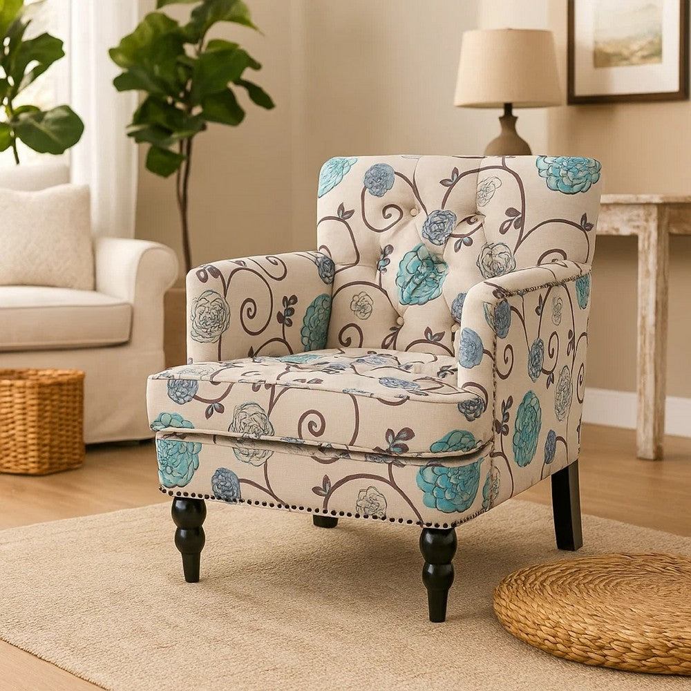 Benjara Lit Club Chair, Beige Tufted Floral Upholstery, Nailhead Brown Wood