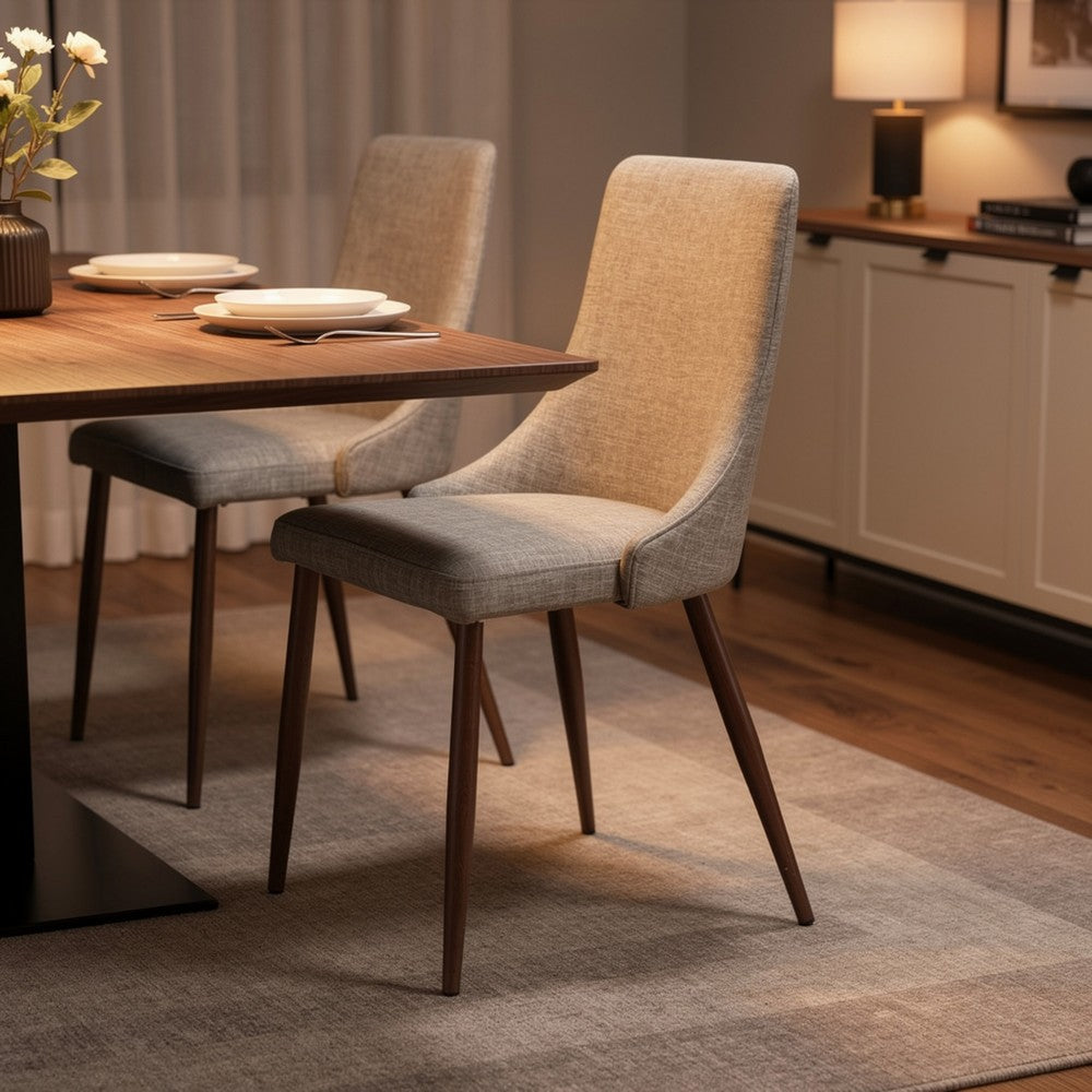 Benjara Dining Side Chair Set of 2, Wheat Brown Fabric, Tapered Iron Legs