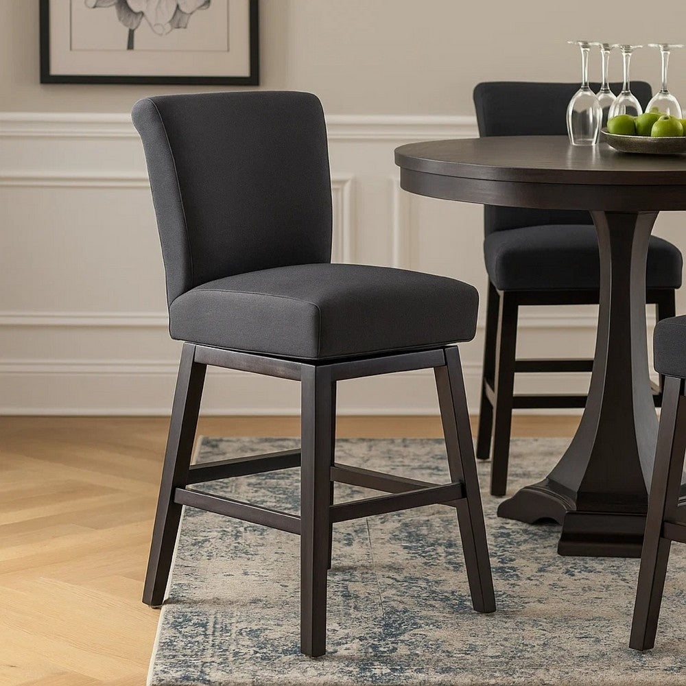 Benjara Swivel Barstool Chair, Modern Charcoal Gray Upholstery. Espresso Brown