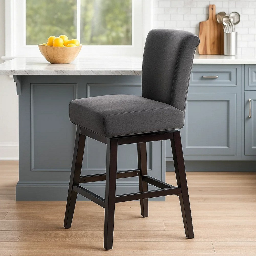 Benjara Swivel Barstool Chair, Modern Charcoal Gray Upholstery. Espresso Brown