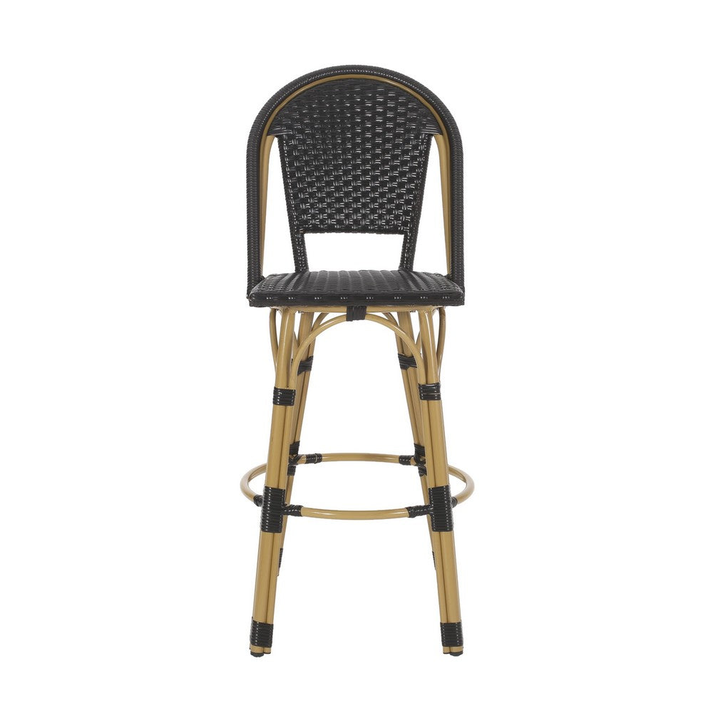 Benjara Gomy Outdoor Barstool Chair Set of 2, Black Wicker, Brown Aluminum