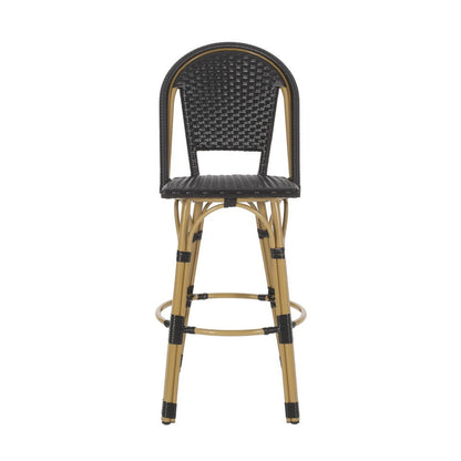 Benjara Gomy Outdoor Barstool Chair Set of 2, Black Wicker, Brown Aluminum