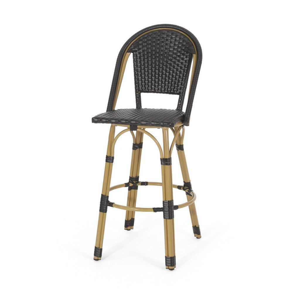 Benjara Gomy Outdoor Barstool Chair Set of 2, Black Wicker, Brown Aluminum