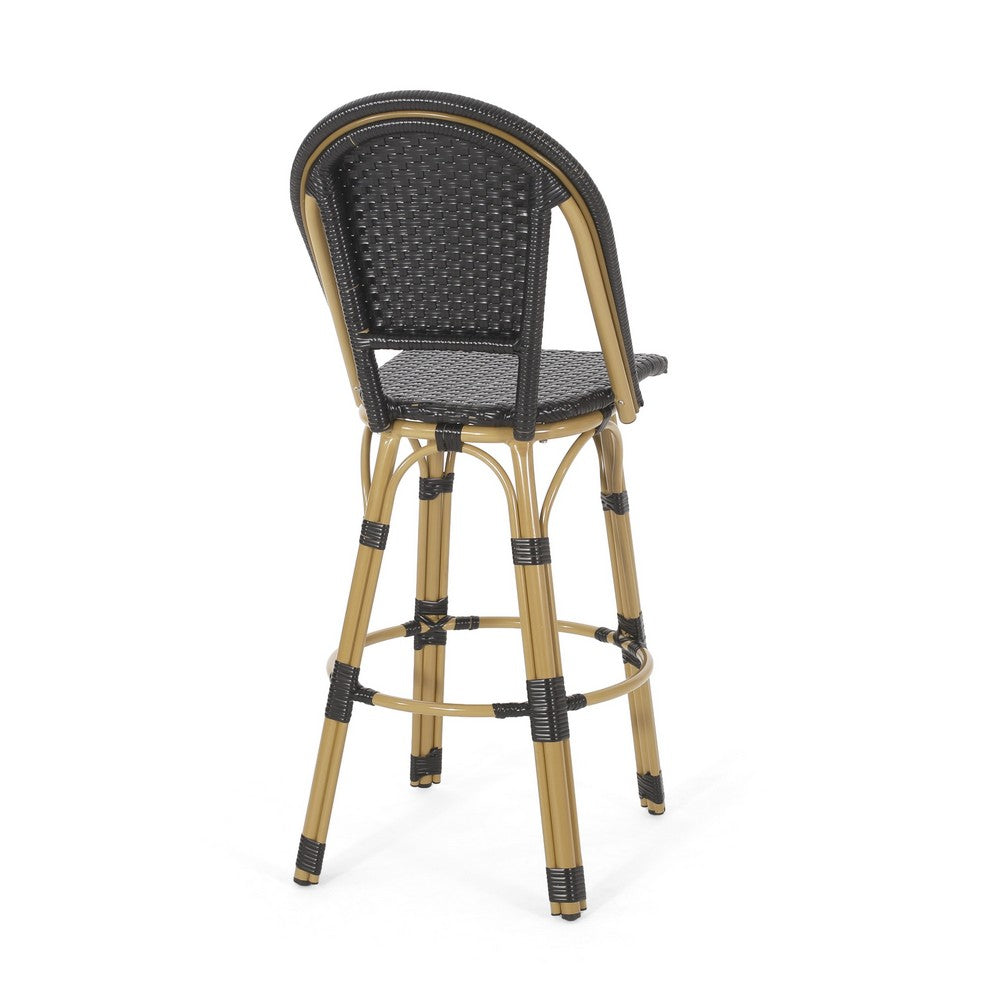 Benjara Gomy Outdoor Barstool Chair Set of 2, Black Wicker, Brown Aluminum