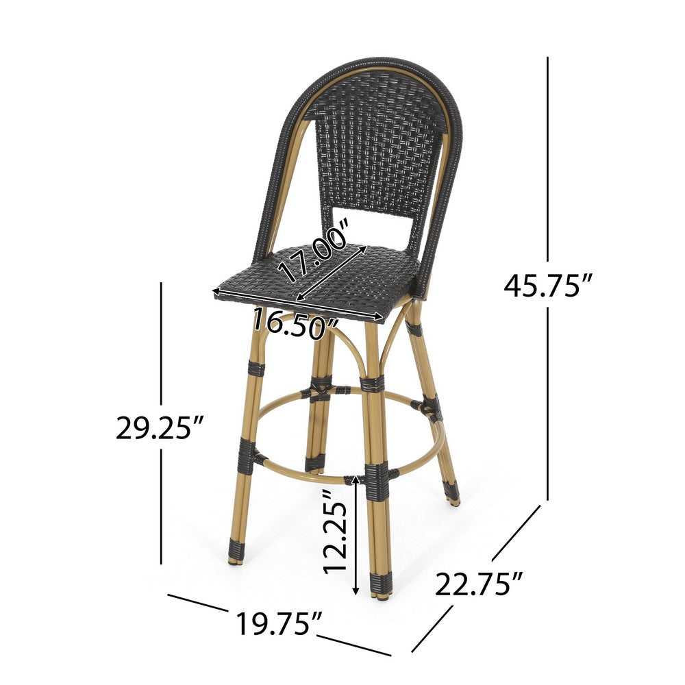 Benjara Gomy Outdoor Barstool Chair Set of 2, Black Wicker, Brown Aluminum