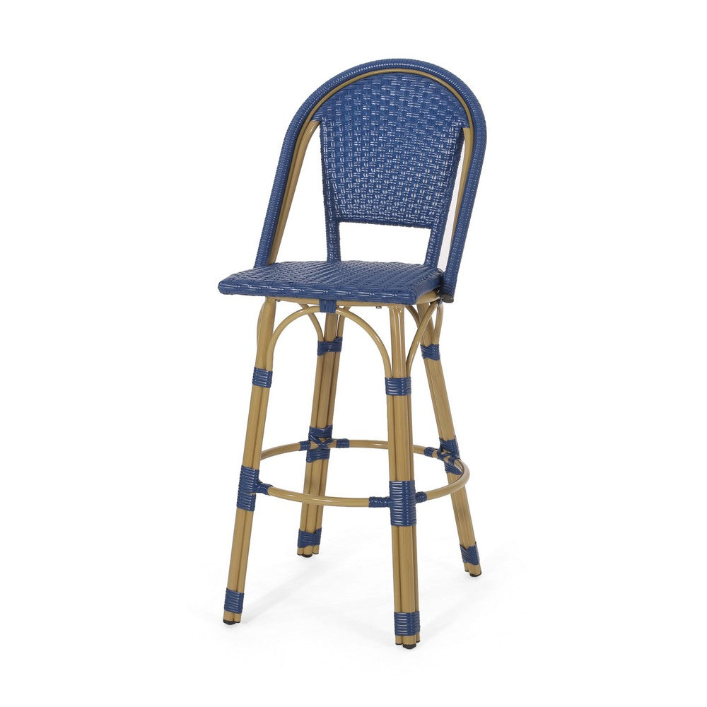 Benjara Gomy Outdoor Barstool Char Set of 2, Blue Wicker Woven, Brown Aluminum