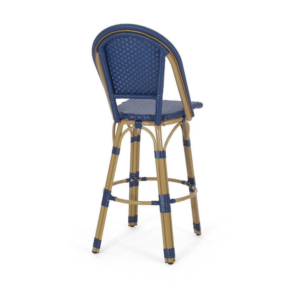 Benjara Gomy Outdoor Barstool Char Set of 2, Blue Wicker Woven, Brown Aluminum