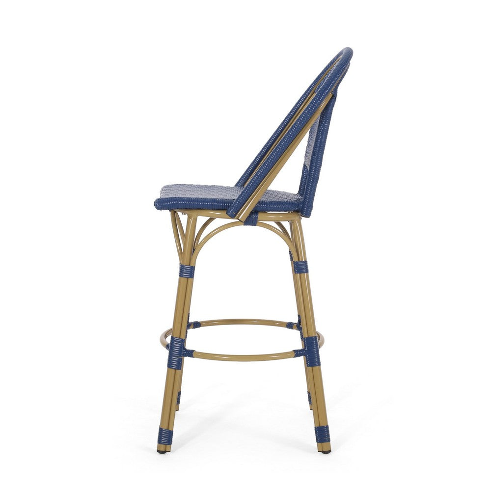 Benjara Gomy Outdoor Barstool Char Set of 2, Blue Wicker Woven, Brown Aluminum