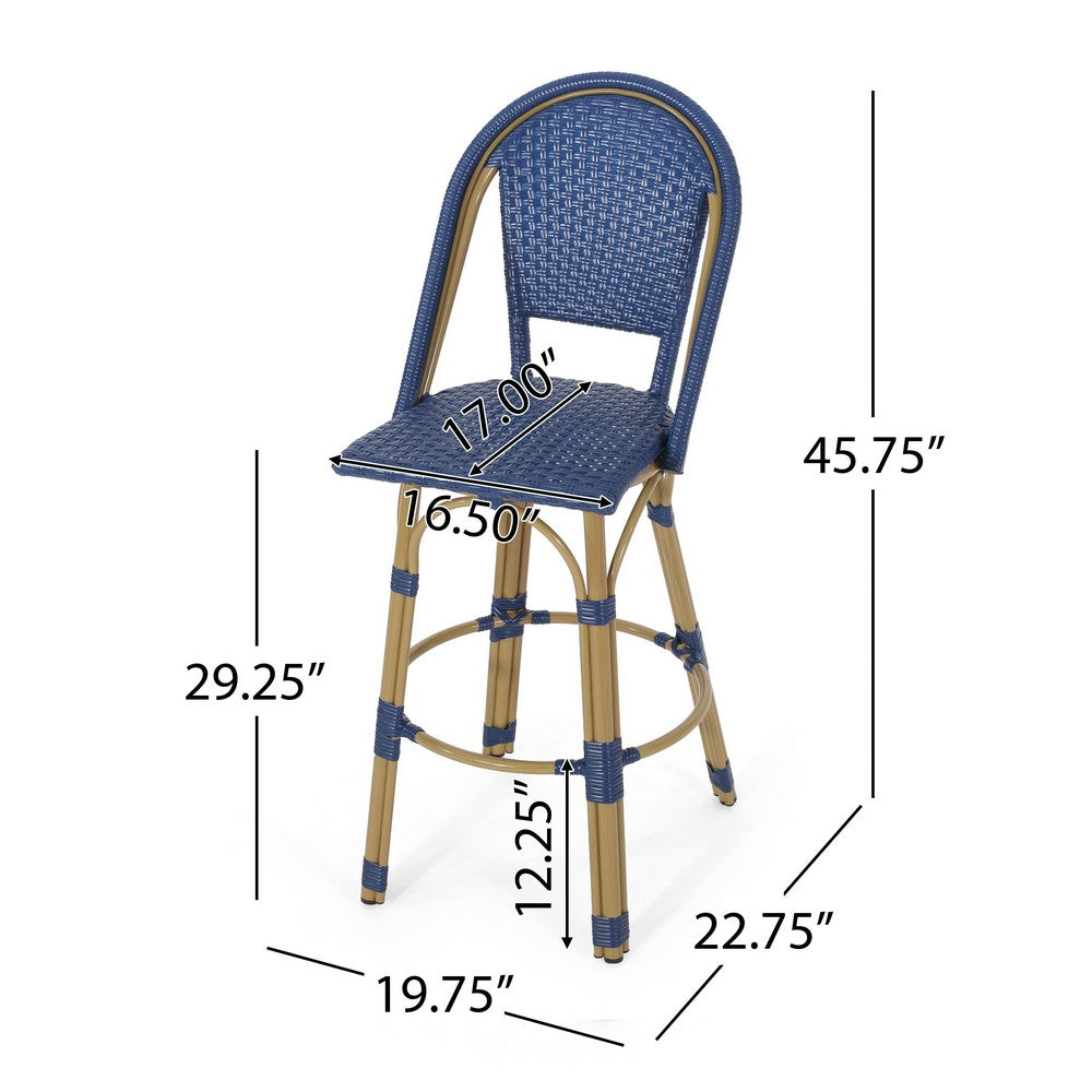 Benjara Gomy Outdoor Barstool Char Set of 2, Blue Wicker Woven, Brown Aluminum