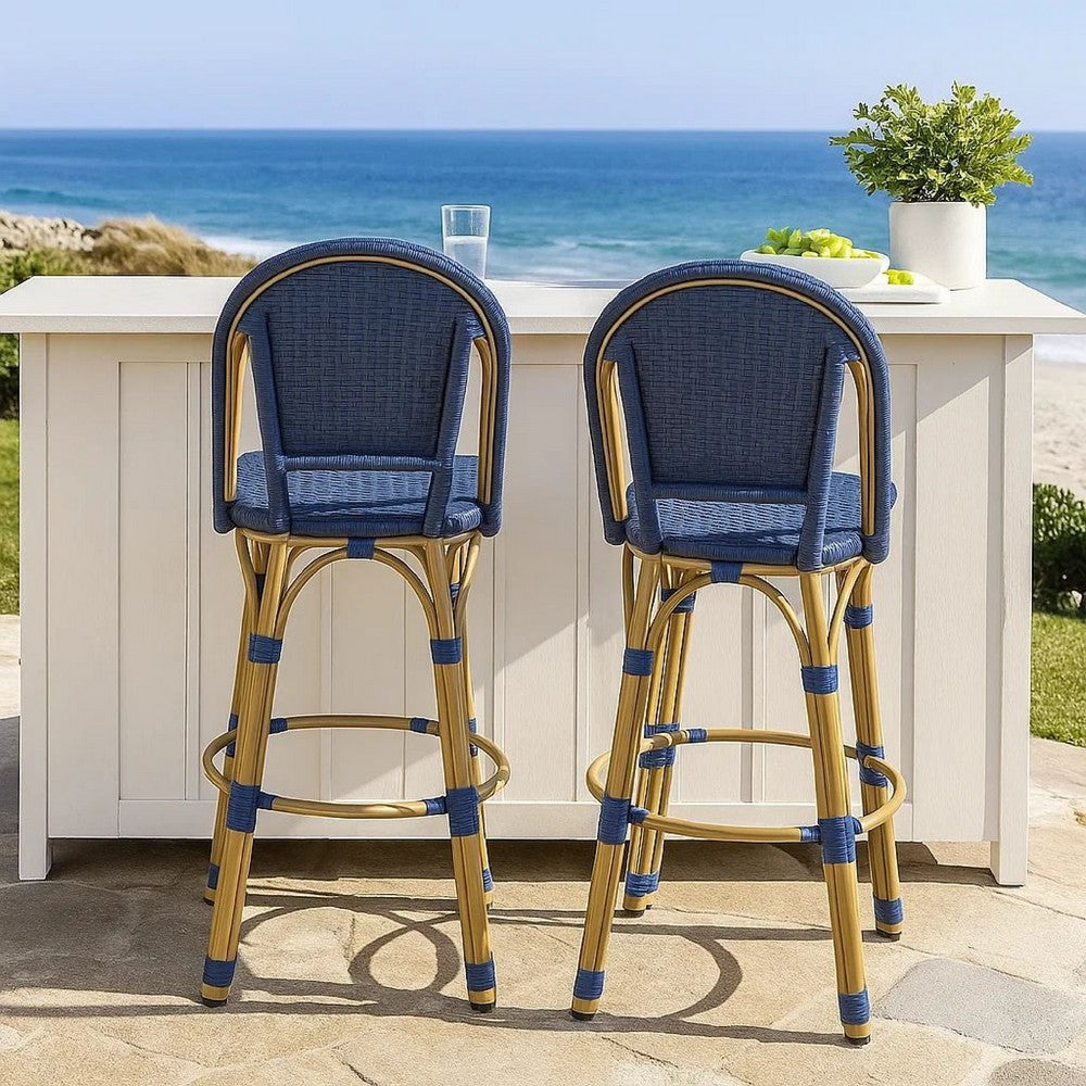 Benjara Gomy Outdoor Barstool Char Set of 2, Blue Wicker Woven, Brown Aluminum
