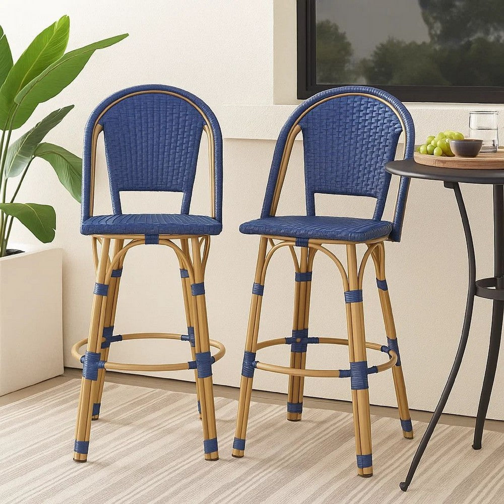 Benjara Gomy Outdoor Barstool Char Set of 2, Blue Wicker Woven, Brown Aluminum