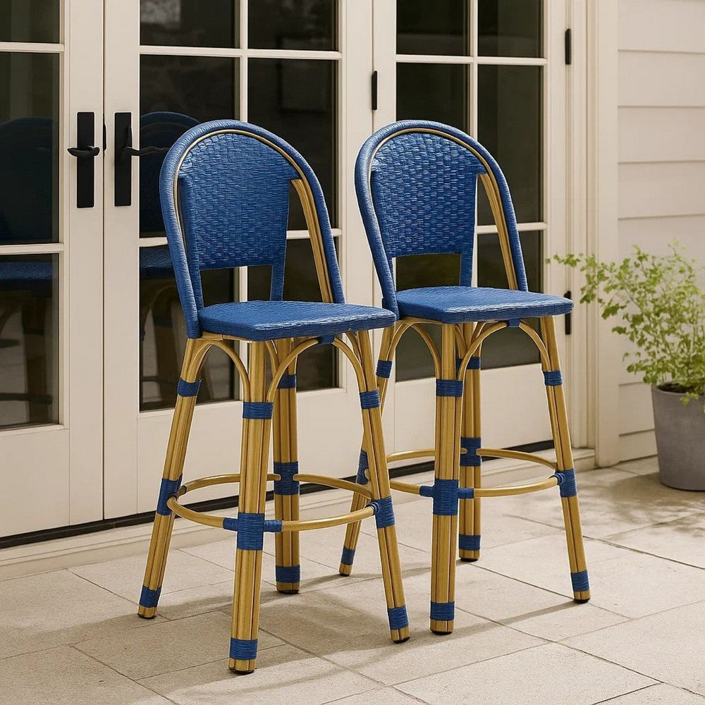 Benjara Gomy Outdoor Barstool Char Set of 2, Blue Wicker Woven, Brown Aluminum