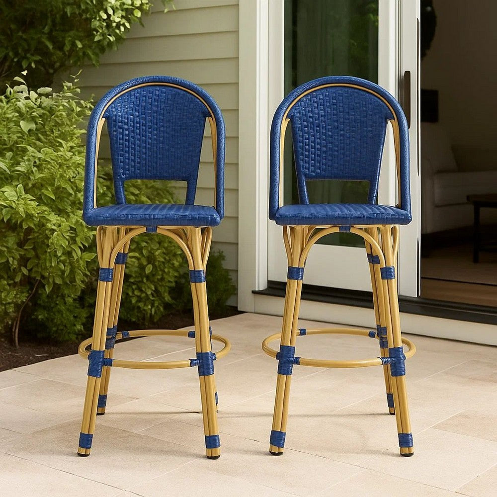 Benjara Gomy Outdoor Barstool Char Set of 2, Blue Wicker Woven, Brown Aluminum