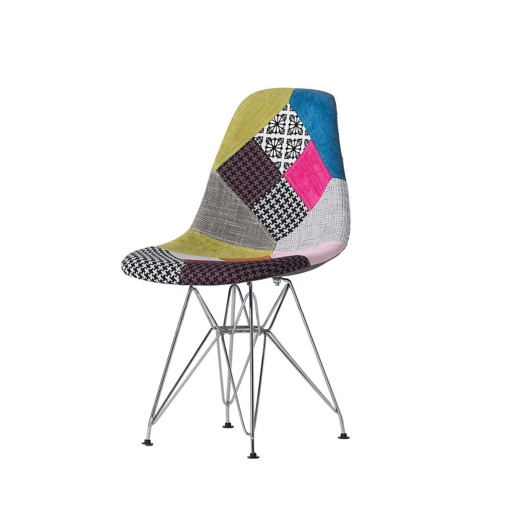 Benjara Accent Chair Set of 2, Multicolor Pink Patchwork w Eiffel Metal Base