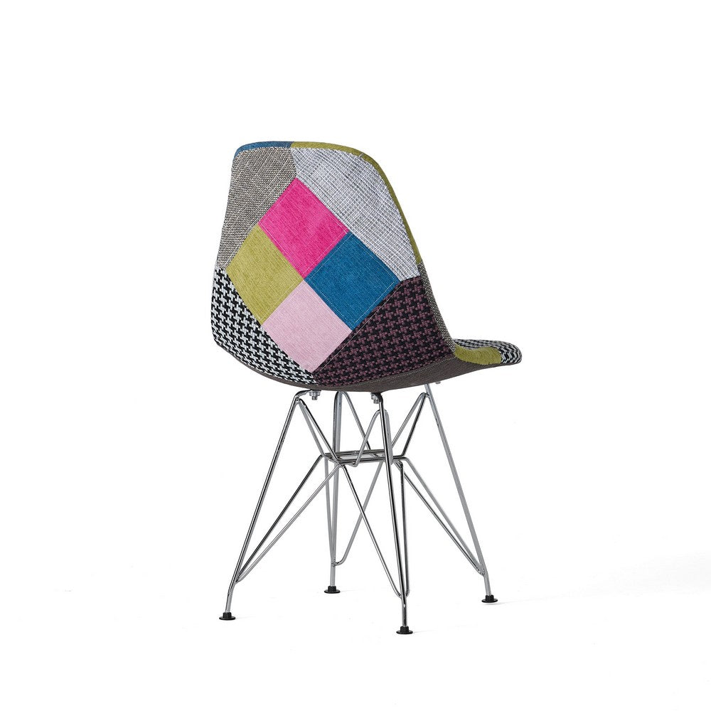 Benjara Accent Chair Set of 2, Multicolor Pink Patchwork w Eiffel Metal Base