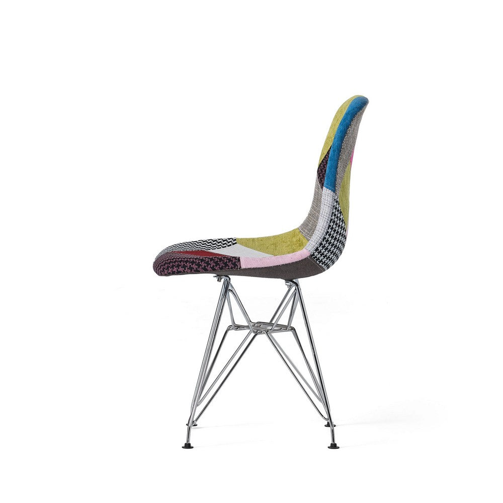 Benjara Accent Chair Set of 2, Multicolor Pink Patchwork w Eiffel Metal Base